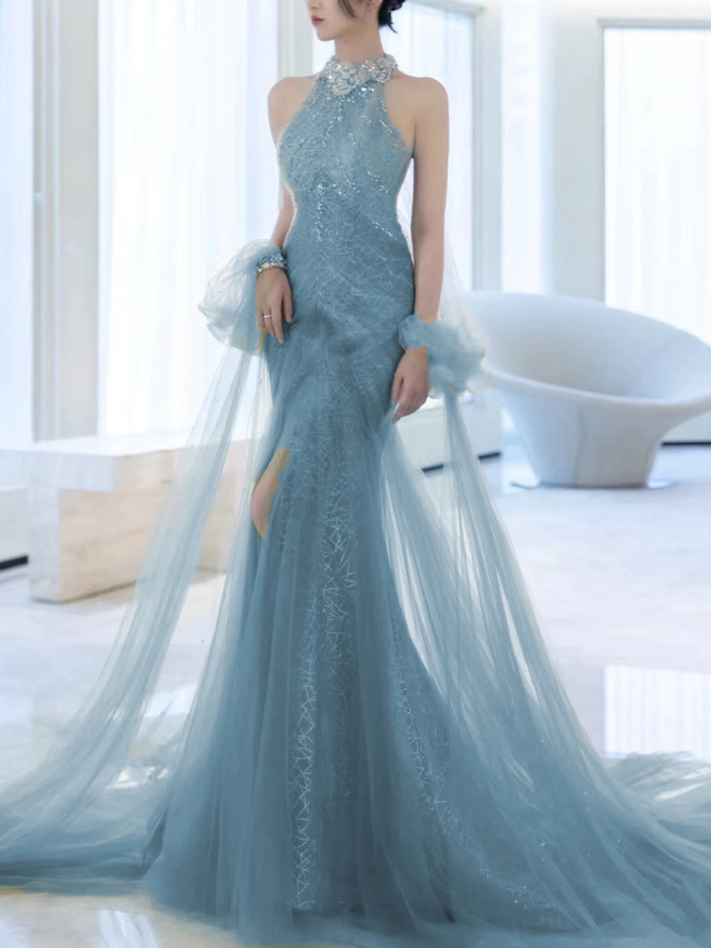 Haze Blue Host Dress Heavy Workers Beads Mermaid Skirt Light luxury Gao Dingjun Conference Conference Hanging Near Model Show Haze Blue Host Dress Heavy Workers Beads Mermaid Skirt Light luxury Gao Dingjun Conference Conference Hanging Near Model Show
