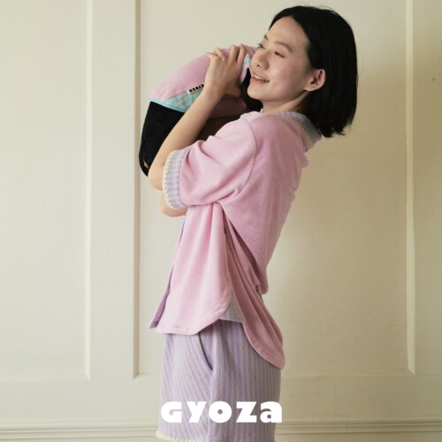 GYOZA条纹绒感花边短袖衬衫套装