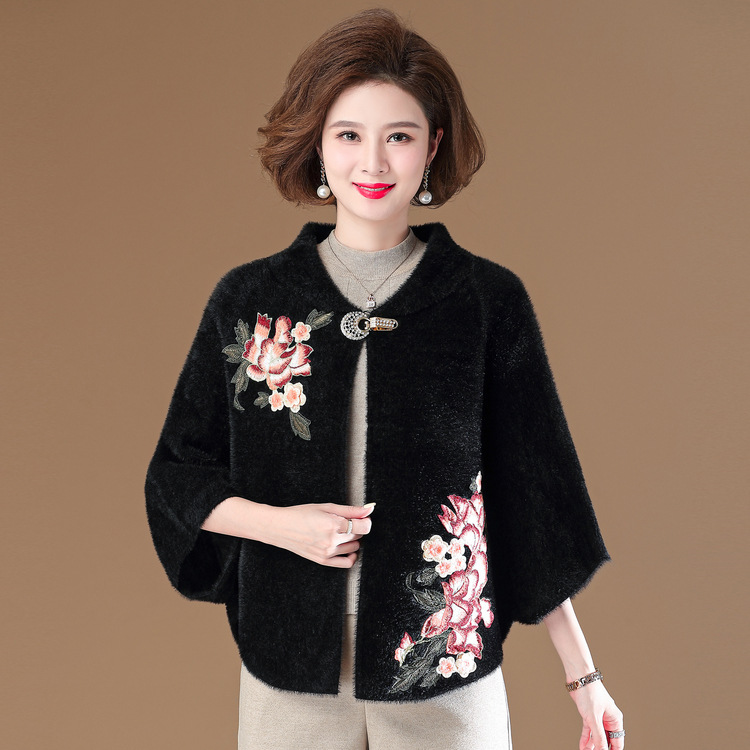 秋冬配旗袍披肩外搭女立领短款外套红色妈妈仿水貂绒斗篷百搭