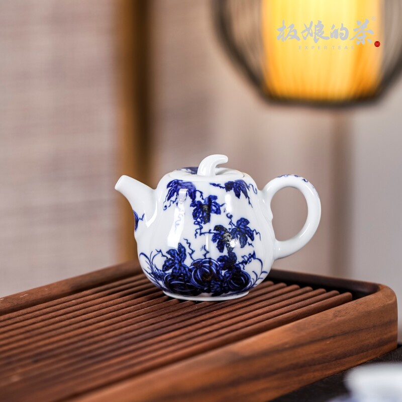 景德镇高温瓷青花小酌斋南瓜藤蔓纹茶壶200ml陶瓷茶具泡茶壶