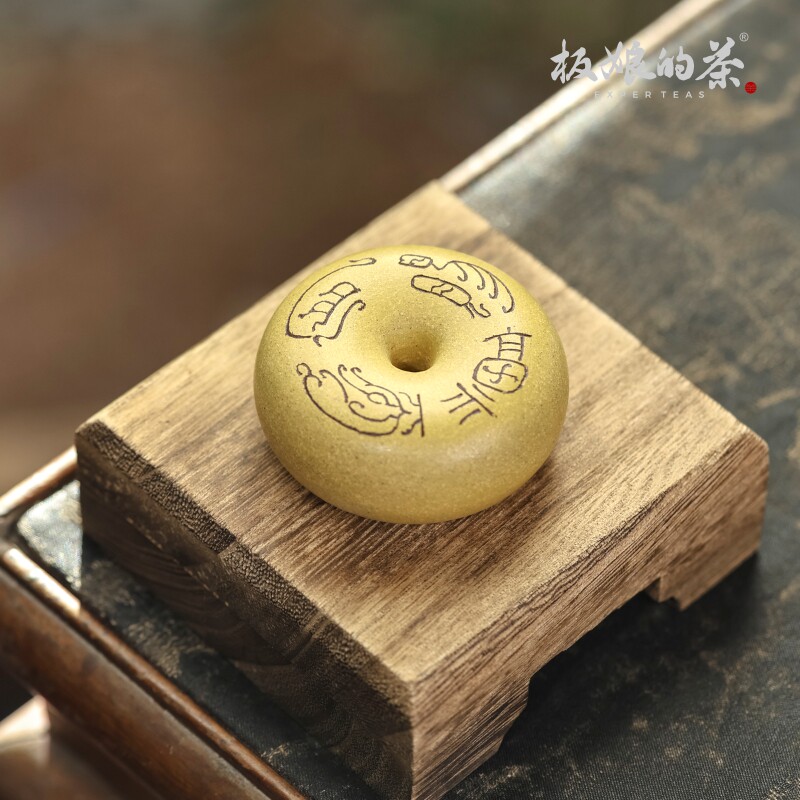 宜兴紫砂手工福星高照甜甜圈盖置直径60X高30mm创意摆件茶宠香插