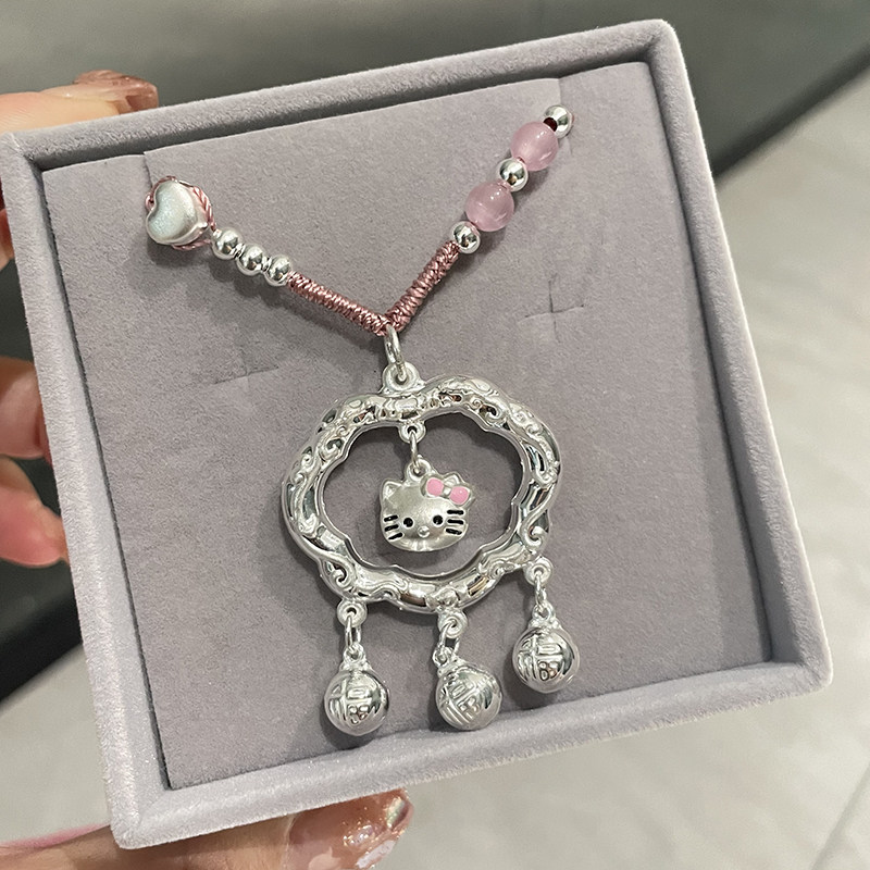 足银999Hello Kitty凯蒂猫灵动平安锁纯银少女心项链闺蜜礼物