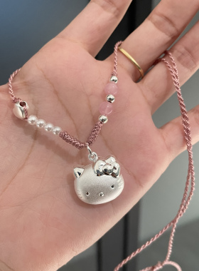 足银999HelloKitty猫头项链纯银古法手工DIY编织凯特猫吊坠送女友