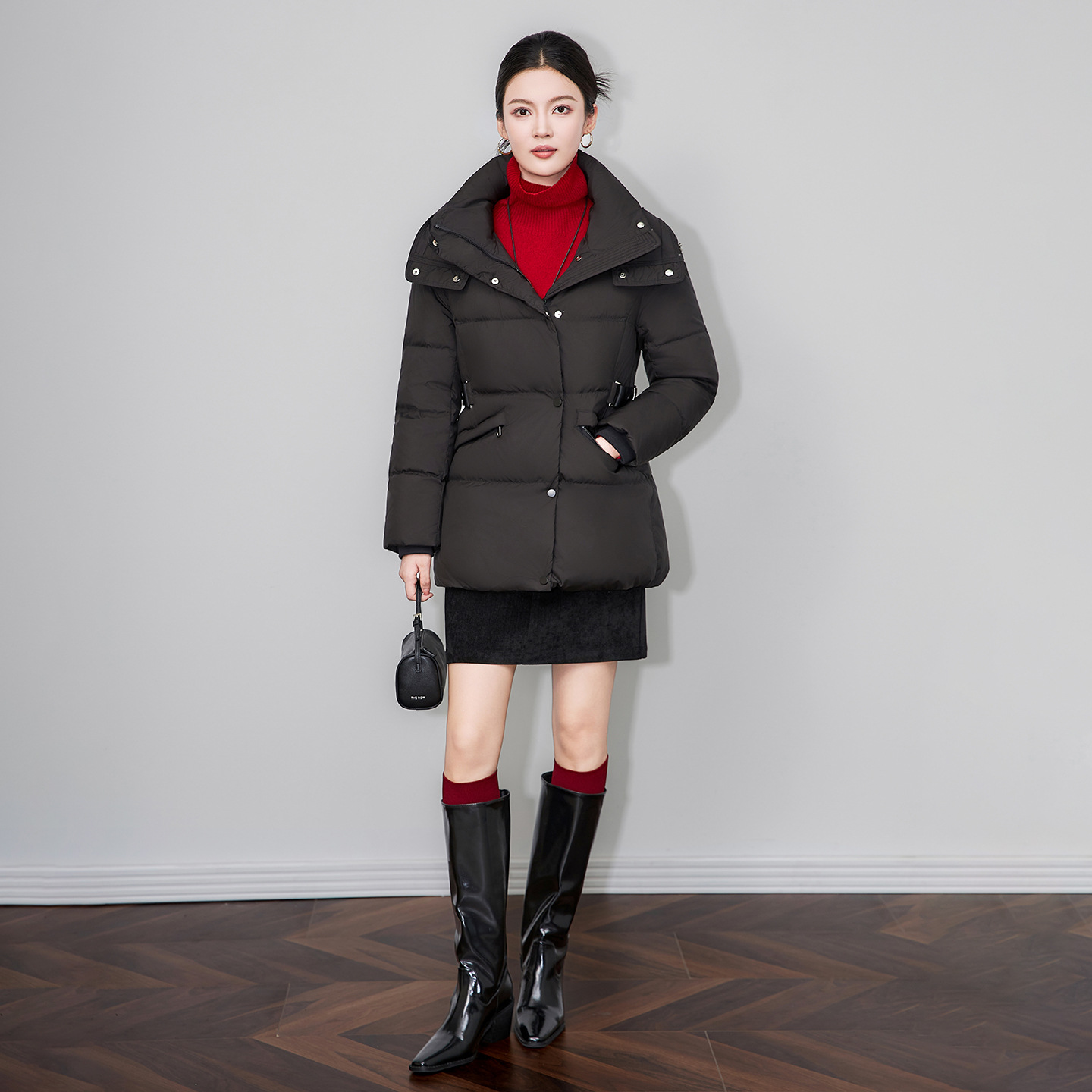 收腰修身显瘦90白鸭绒中长款羽绒服外套防风保暖连帽立领