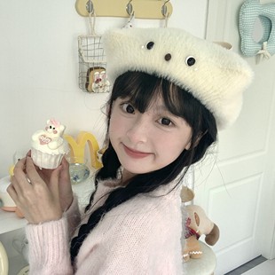 奈里原创 珍珠小猫。秋冬加绒长尾巴蝴蝶结猫咪可爱贝雷帽画家帽