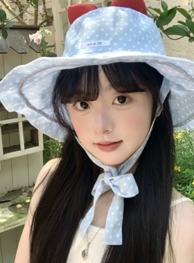 奈里原创 奶芙啵啵 春夏波点蝴蝶结可弯折大帽檐系带防晒帽遮阳帽