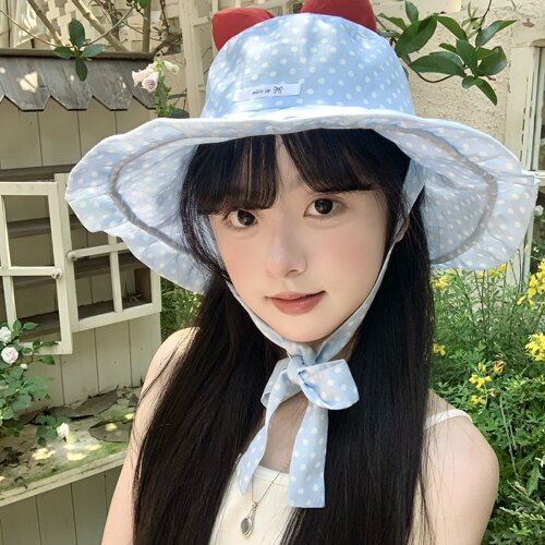 奈里原创 奶芙啵啵 春夏波点蝴蝶结可弯折大帽檐系带防晒帽遮阳帽