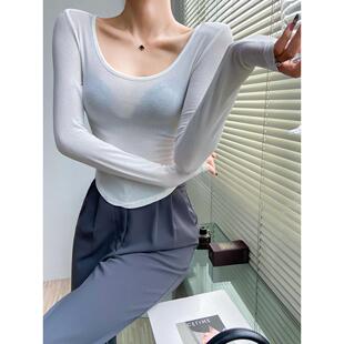 性感的毫不费力~薄款微透大圆领长袖T恤女紧身显胸大打底衫上衣秋