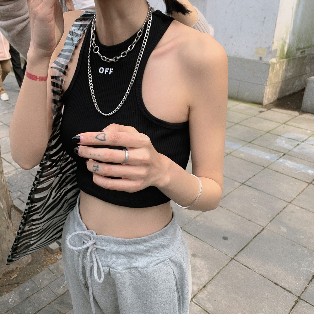 off字母无袖挖背修身短款泫雅露脐港味工字打底背心上衣女潮时尚