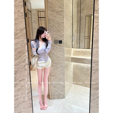 现货~自制 韩女纯欲系奶欲紫修身打底自带收腰弧形t桖