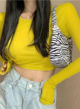 短款露脐高腰弹力黄色上衣长袖T恤薄款微透jazz爵士舞跳舞防晒衫