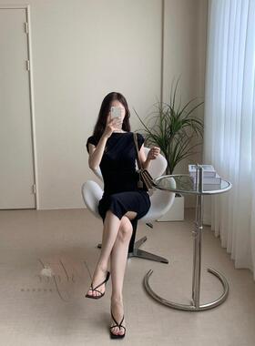 MISS WU 气质大小姐斜领连衣裙女夏显瘦黑色长裙小心机开叉