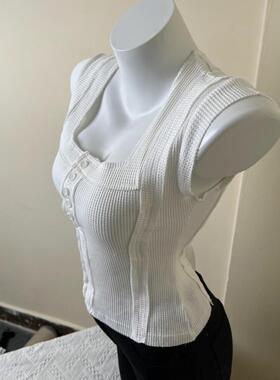 MISS WU 方领白色背心女夏季短款小飞袖修身无袖上衣