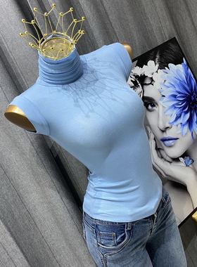 MISS WU颜色chao美！雾蓝色高领微透打底衫背心无袖T恤女修身ins