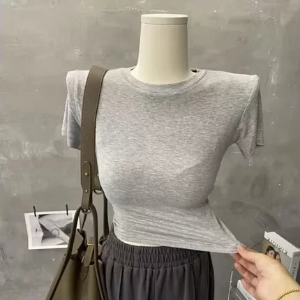 柔软舒适修身短袖弹力深蓝色t恤女紧身短款藏蓝色藏青色上衣薄款