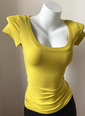 白色正肩短袖T恤女夏修身薄款U领掐腰好身材立显纯欲风大领口上衣