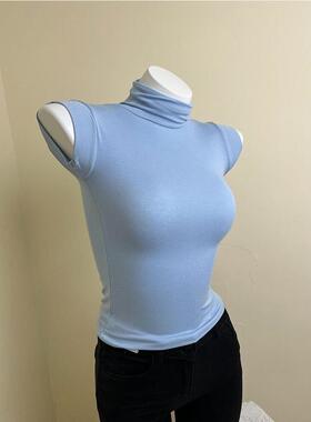 MISS WU 蓝色半高领修身显瘦气质无袖背心女夏小众