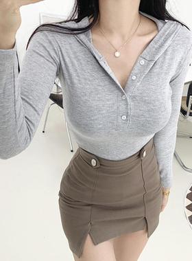 MISS WU QL167店主推荐！显身材女人味系扣连帽露腰T恤bc