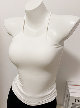 MISS WU纯欲白色挂脖吊带背心女内搭带胸垫打底夏季外穿内衣抹胸