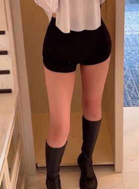 MISS WU SL018欧尼休闲 很显腿长高腰黑色休闲裤弹力短裤hc