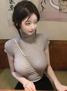 夏季高领短袖浅灰色T恤女设计感辣妹修身紧身显丰满显胸大上衣ins
