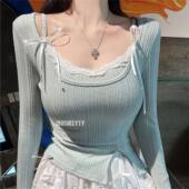 自制 开叉T恤套装 LZ598可甜可欲 性感蕾丝边吊带上衣