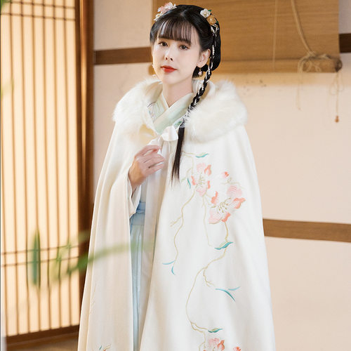 海棠原创毛呢斗篷汉服可拆卸毛领加绒加厚连帽秋冬红色女保暖白色