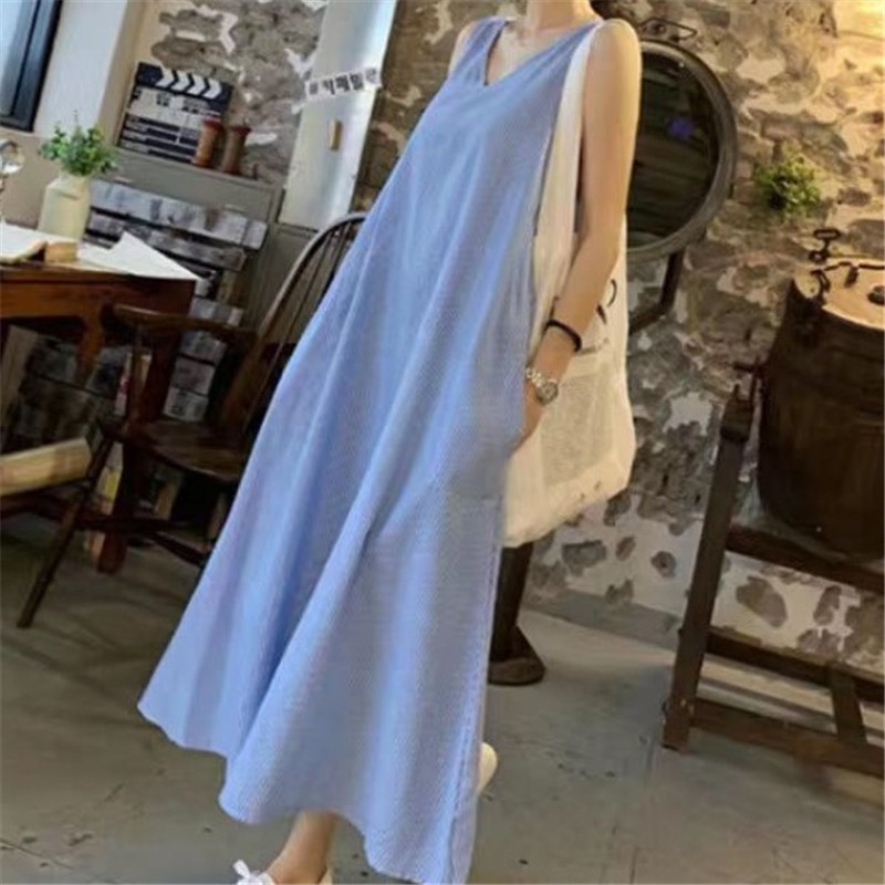欧版欧洲站无袖A字女夏宽松胖MM条纹超长款亚麻棉麻料背心连衣裙