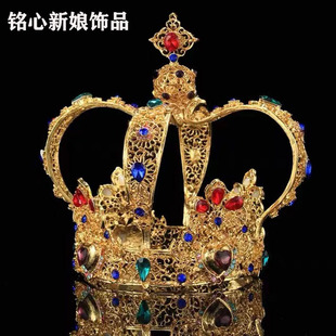 新娘奢华结婚皇冠头饰韩式新款水钻大发箍发饰选美王冠金色