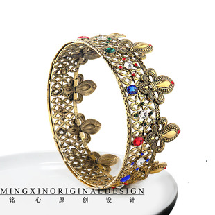 选美比赛女王加冕皇冠多彩宝石镀金金属发饰男士生日王冠拍照礼物