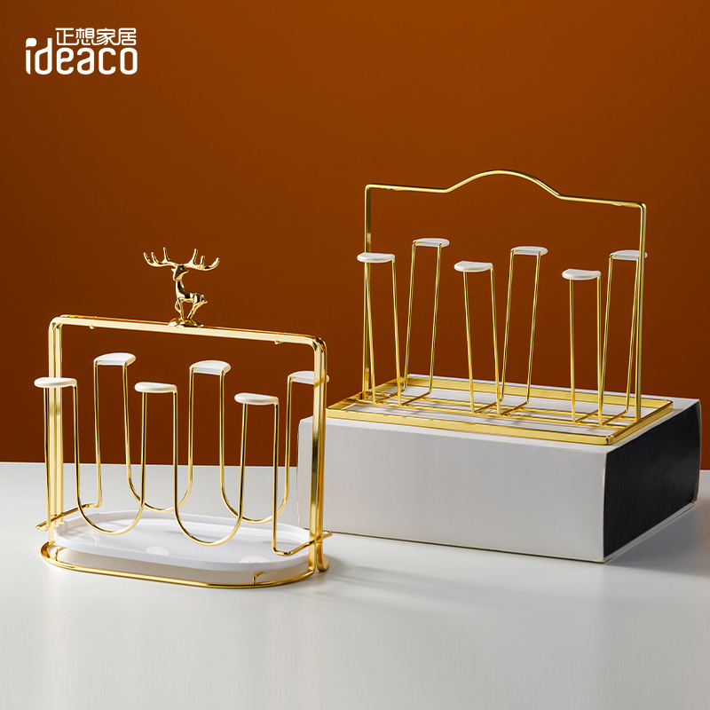 轻奢小鹿水杯收纳置物架家用玻璃茶杯沥水托盘倒挂放杯子桌面挂架