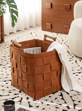 ideaco皮质编织脏衣篓浴室酒店整理箱衣服书本杂物篮手提收纳筐