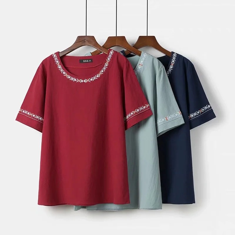 夏新款加大码女装宽松全棉刺绣短袖t恤中老年妈妈装胖mm显瘦上衣