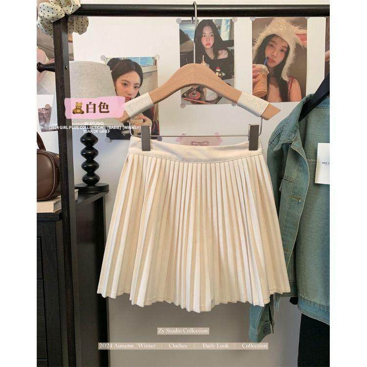 学院风杏色毛呢百褶半身裙女秋冬小个子高腰显瘦a字裙防走光短裙,女装/女士精品,半身裙,淘宝优惠券,粉丝福利购,淘宝优惠卷