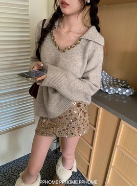 辣妹韩系高腰显瘦亮片毛呢半身裙女秋冬新款防走光百搭a字短裙子