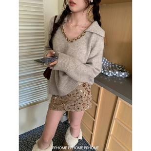 辣妹韩系高腰显瘦亮片毛呢半身裙女秋冬新款防走光百搭a字短裙子