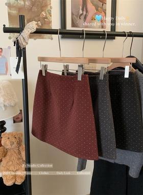 灰色波点毛呢辣妹半身裙女秋冬简约百搭高腰a字裙防走光显瘦短裙