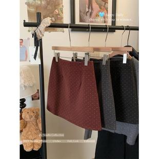 灰色波点毛呢辣妹半身裙女秋冬简约百搭高腰a字裙防走光显瘦短裙