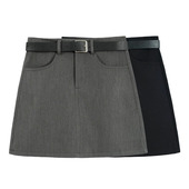 配腰带灰色秋冬新款 半身裙女气质百搭高腰显瘦a字裙防走光短裙子