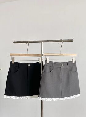 蕾丝边半身裙女夏季韩版时尚高腰显瘦百搭防走光灰色A字包臀短裙