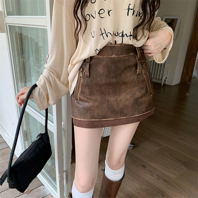 高腰百褶半身裙女秋季新款pu皮裙辣妹设计感显瘦a字裙小个子短裙