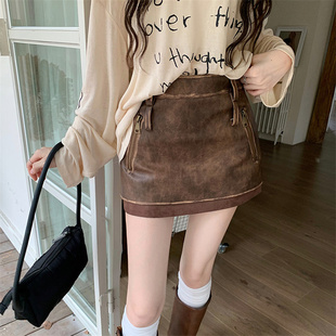 高腰百褶半身裙女秋季新款pu皮裙辣妹设计感显瘦a字裙小个子短裙