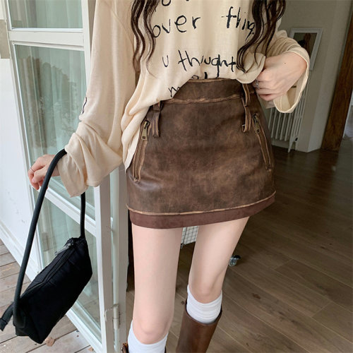 高腰百褶半身裙女秋季新款pu皮裙辣妹设计感显瘦a字裙小个子短裙