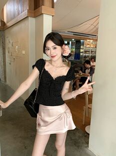 甜辣妹套装法式黑色蕾丝边短袖衬衫女夏季百搭蝴蝶结半身裙两件套