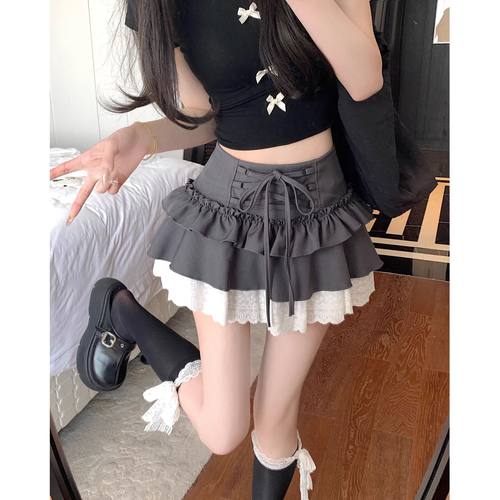 灰色系带a字半身裙女夏季花边蛋糕裙高腰显瘦防走光蓬蓬百搭短裙
