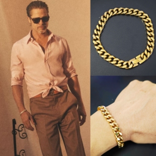 布拉德·皮特Brad Pitt同款金色古巴钛钢手链经典手串 F1狂飙飞车