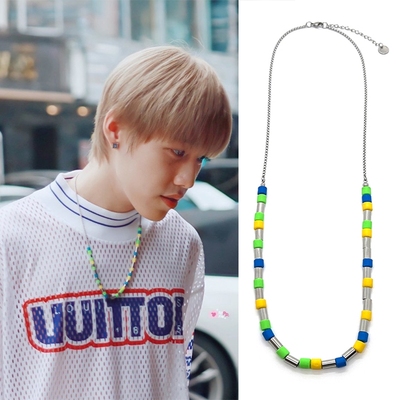 BKPP同款黑黄绿彩珠钛钢链拼接项链圈新潮时尚酷软萌毛衣链饰品