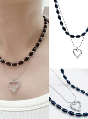 椭圆黑玛瑙爱心细钛钢链万能项链