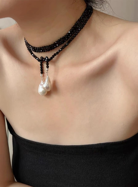 AC新中式黑水晶巴洛克珍珠长项链多层自由组合黑水晶系绳高级感潮