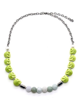 国潮风时尚INS同款荧光绿色陶瓷骷颅玉石花钛钢拼接项链圈嘻哈酷A